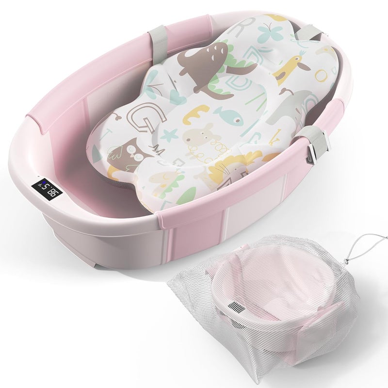 Spluvvly Collapsible Baby Bathtub - Large Baby Bath Tub with Thermometer & Cushion | Travel Portable Newborn Infant Bathtub | Foldable Toddler Bathtub for Baby 0 to 36 Months (Pink) - Image 1
